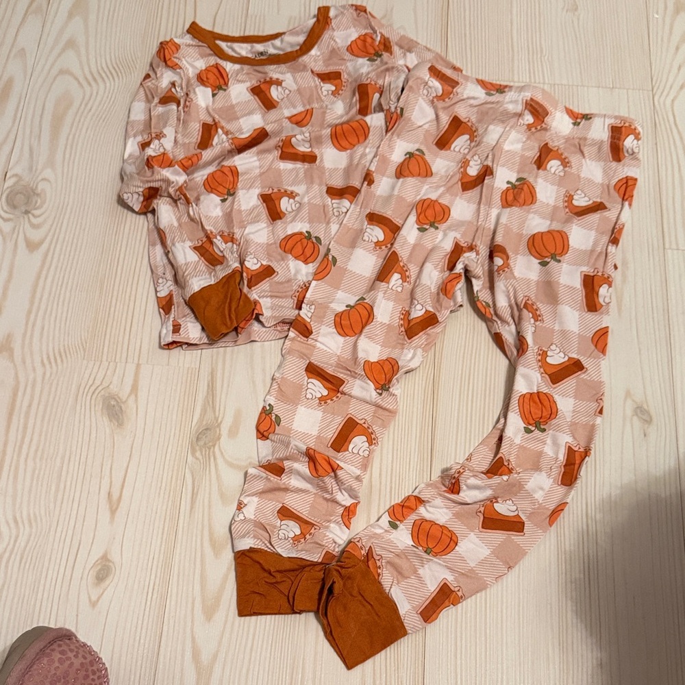 Caden Lane Orange Pumpkin & Pie Plaid Kids Pajama Set
